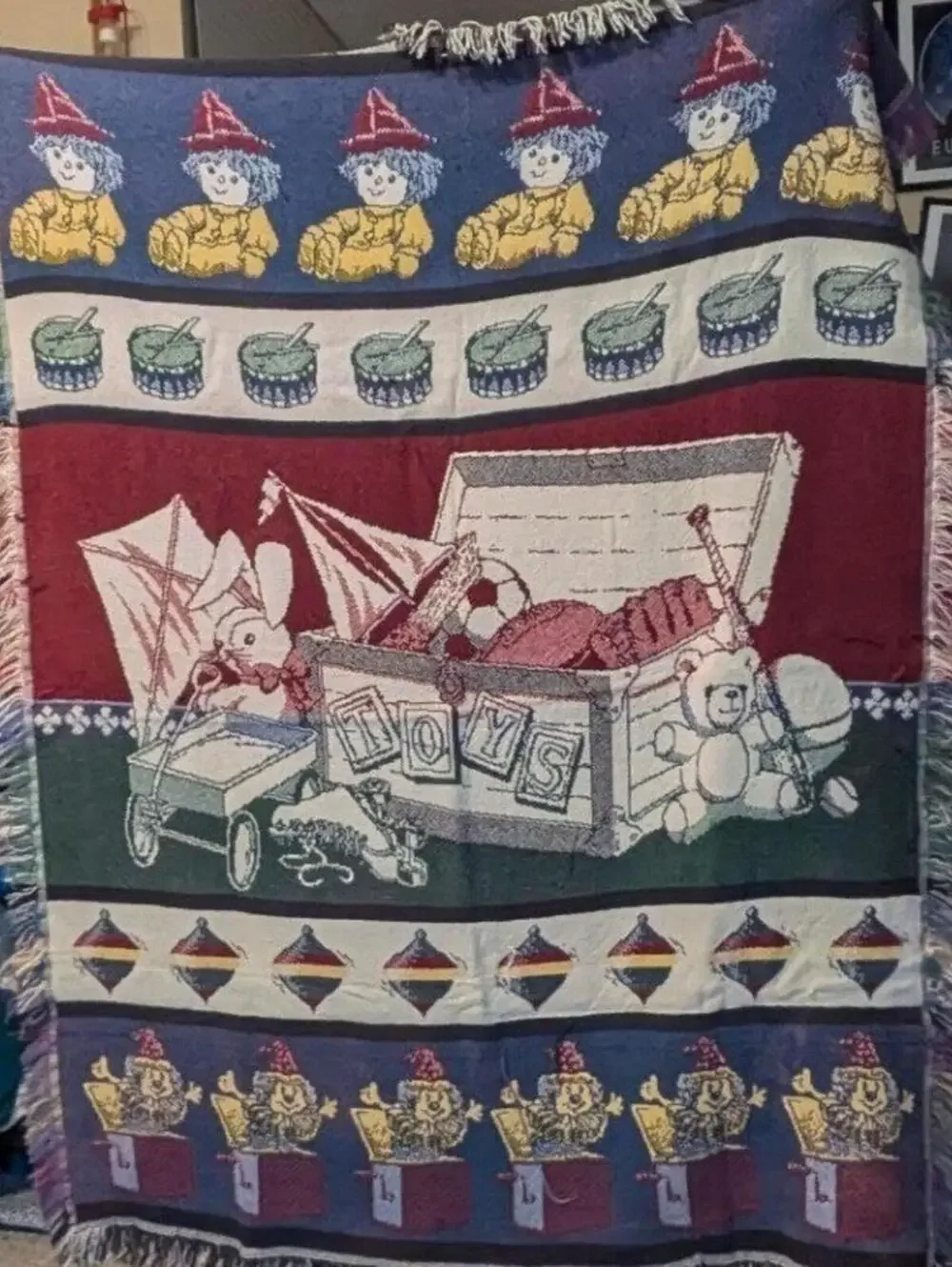 Crown Crafts Toy Box Woven Cotton Afghan Throw Blanket Made in USA 48x60 Vintage